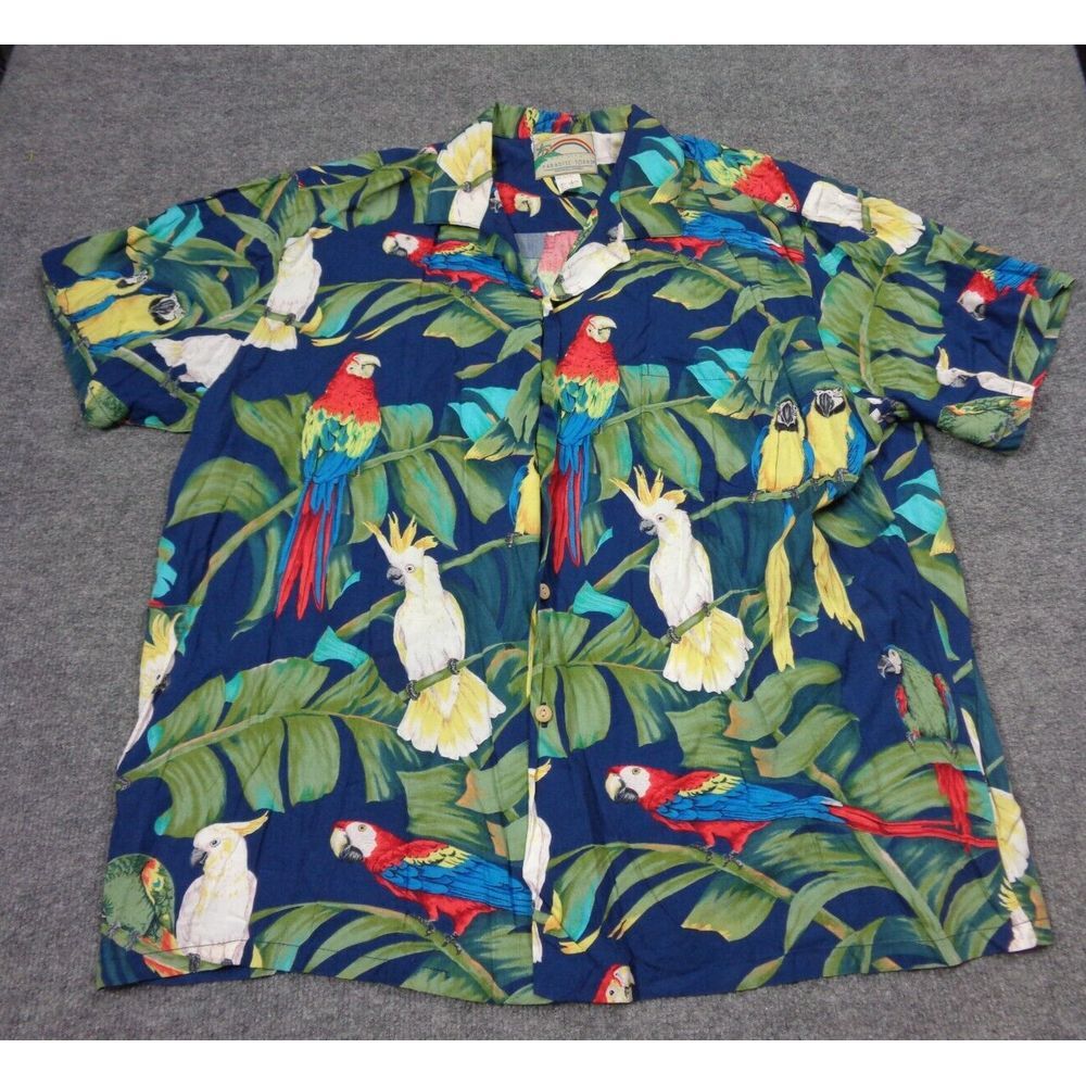 Paradise‎ Found Shirt Mens 2XL Blue Hawaiian Parrot Bird Print Blue VTG